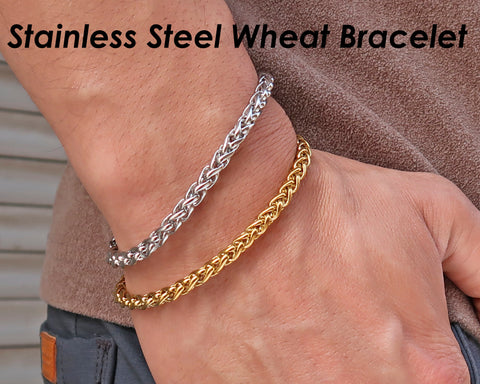 5mm Wheat Bracelet Gold Silver, Stainless Steel Wheat Chain Bracelet Wheat Necklace for Men or Women, Gift for Him or Her