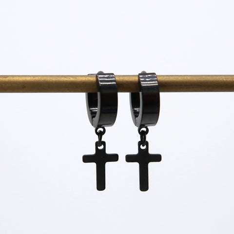 Stainless Steel Cross Huggie Hoop Earrings Gold Silver Black Dangle Cross Hoops for Men or Women