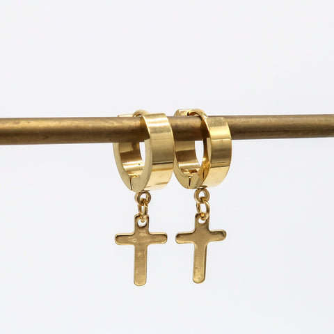 Stainless Steel Cross Huggie Hoop Earrings Gold Silver Black Dangle Cross Hoops for Men or Women