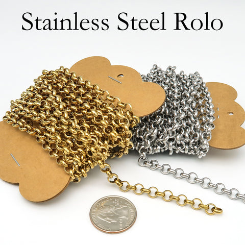 10 Feet Stainless Steel Rolo Chain Bulk Wholesale Silver Gold Rolo Link Chain, Bulk Stainless Steel Chain for Jewelry Making