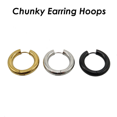 5mm Chunky Hoop Earrings, Thick Version Solid Stainless Steel Huggie Earring Hoops Gold Silver Black for Women or Men