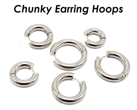 5mm Chunky Hoop Earrings, Thick Version Solid Stainless Steel Huggie Earring Hoops Gold Silver Black for Women or Men