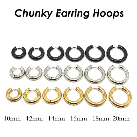 5mm Chunky Hoop Earrings, Thick Version Solid Stainless Steel Huggie Earring Hoops Gold Silver Black for Women or Men