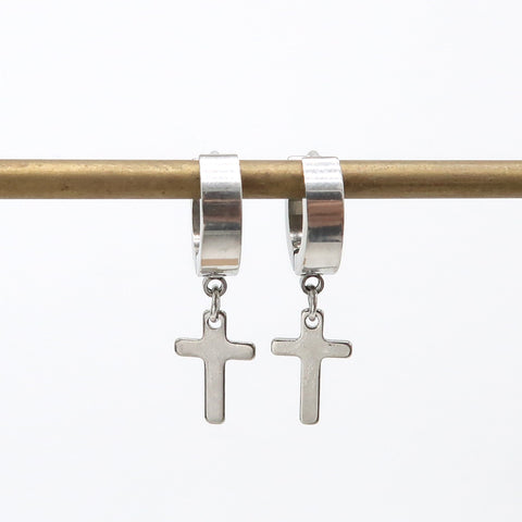 Stainless Steel Cross Huggie Hoop Earrings Gold Silver Black Dangle Cross Hoops for Men or Women