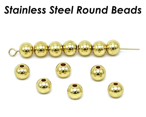 100 x Stainless Steel Round Spacer Beads Gold Plated, 2mm 3mm 4mm 5mm 6mm 8mm 10mm Polished Solid Smooth Seamless Beads for Jewelry Making