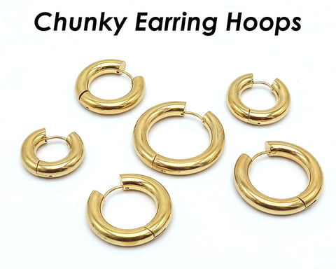 5mm Chunky Hoop Earrings, Thick Version Solid Stainless Steel Huggie Earring Hoops Gold Silver Black for Women or Men