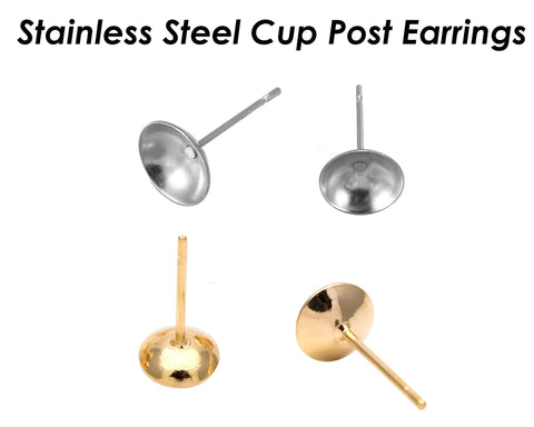 50 x Stainless Steel Earring Post with Bezel Cup, Earring Settings Ear Post Findings for Jewelry Making Fits Crystal, Rhinestone or Pearl