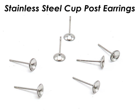 50 x Stainless Steel Earring Post with Bezel Cup, Earring Settings Ear Post Findings for Jewelry Making Fits Crystal, Rhinestone or Pearl