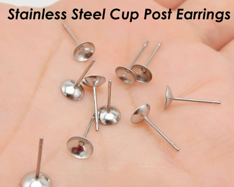 50 x Stainless Steel Earring Post with Bezel Cup, Earring Settings Ear Post Findings for Jewelry Making Fits Crystal, Rhinestone or Pearl