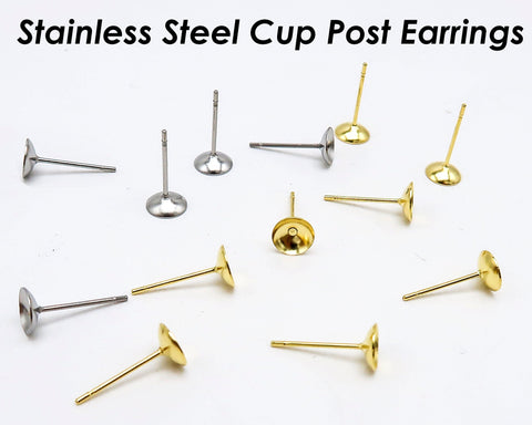 50 x Stainless Steel Earring Post with Bezel Cup, Earring Settings Ear Post Findings for Jewelry Making Fits Crystal, Rhinestone or Pearl