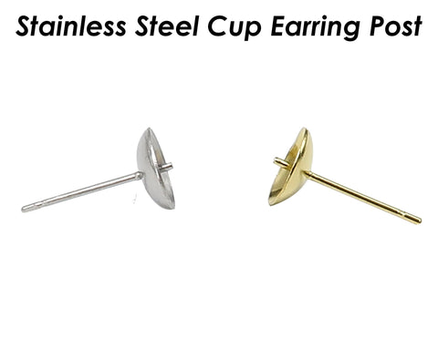 50 x Earring Cup Post for Pearls or Beads, Stainless Steel Earring Cup with Peg Ear Studs, Gold Stud Earring Post for Half Drilled Pearls