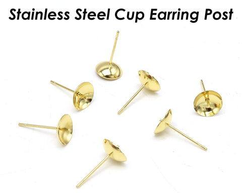 50 x Earring Cup Post for Pearls or Beads, Stainless Steel Earring Cup with Peg Ear Studs, Gold Stud Earring Post for Half Drilled Pearls