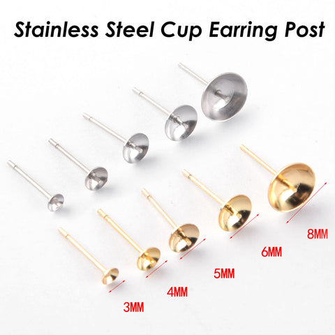 50 x Earring Cup Post for Pearls or Beads, Stainless Steel Earring Cup with Peg Ear Studs, Gold Stud Earring Post for Half Drilled Pearls