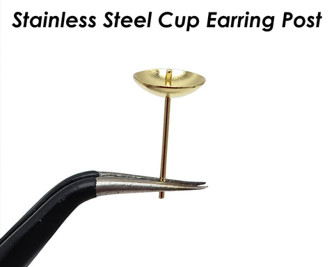 50 x Earring Cup Post for Pearls or Beads, Stainless Steel Earring Cup with Peg Ear Studs, Gold Stud Earring Post for Half Drilled Pearls