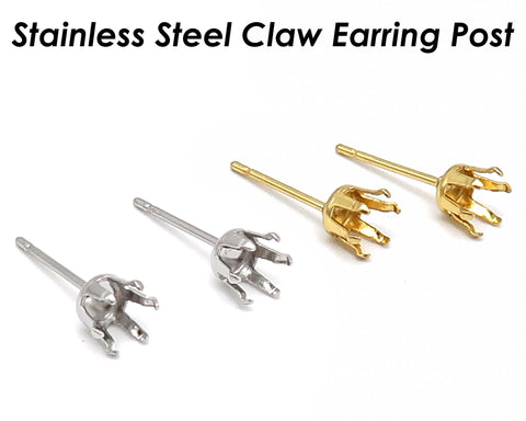 50 x Claw Earring Setting Stainless Steel, Claw Earring Post, Prong Post Earring Stud, Snap Tite Earring Settings Blanks for Rhinestone