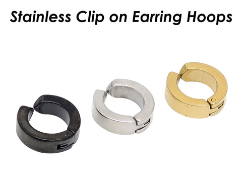 Stainless Steel Earring Hoops for Men Women, Clip On Hoop Earrings, Hinged Hoop Earrings Gold Silver Black, No Piercing Earrings