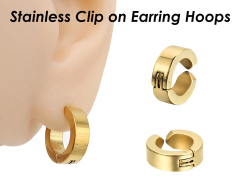 Stainless Steel Earring Hoops for Men Women, Clip On Hoop Earrings, Hinged Hoop Earrings Gold Silver Black, No Piercing Earrings