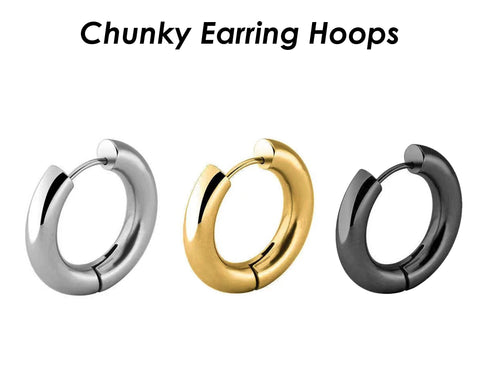 5mm Chunky Hoop Earrings, Thick Version Solid Stainless Steel Huggie Earring Hoops Gold Silver Black for Women or Men