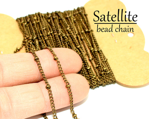 30 Feet Satellite Chain Bulk Wholesale, Bulk Curb Chain with Beads, Silver Gold Bronze Copper Beaded Chain for Jewelry Making