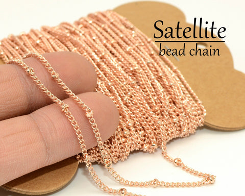 30 Feet Satellite Chain Bulk Wholesale, Bulk Curb Chain with Beads, Silver Gold Bronze Copper Beaded Chain for Jewelry Making