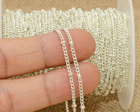 30 Feet Satellite Chain Bulk Wholesale, Bulk Curb Chain with Beads, Silver Gold Bronze Copper Beaded Chain for Jewelry Making