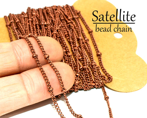 30 Feet Satellite Chain Bulk Wholesale, Bulk Curb Chain with Beads, Silver Gold Bronze Copper Beaded Chain for Jewelry Making