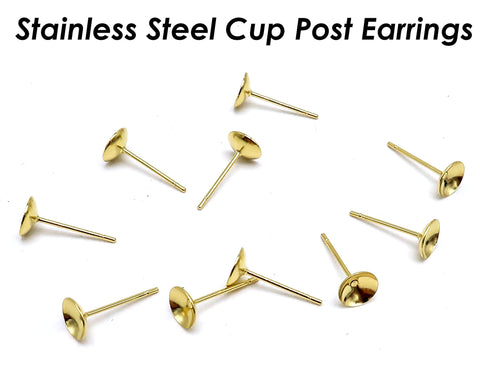 50 x Stainless Steel Earring Post with Bezel Cup, Earring Settings Ear Post Findings for Jewelry Making Fits Crystal, Rhinestone or Pearl