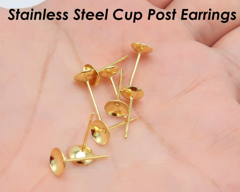 50 x Stainless Steel Earring Post with Bezel Cup, Earring Settings Ear Post Findings for Jewelry Making Fits Crystal, Rhinestone or Pearl