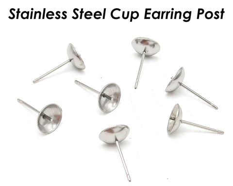 50 x Earring Cup Post for Pearls or Beads, Stainless Steel Earring Cup with Peg Ear Studs, Gold Stud Earring Post for Half Drilled Pearls