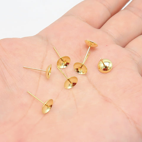 50 x Earring Cup Post for Pearls or Beads, Stainless Steel Earring Cup with Peg Ear Studs, Gold Stud Earring Post for Half Drilled Pearls