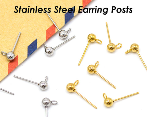 50 x Stainless Steel Post Earrings with Open Loop Vertical Ring, Ball Post Earring Stud Gold Silver, Earring Findings for Jewelry Making