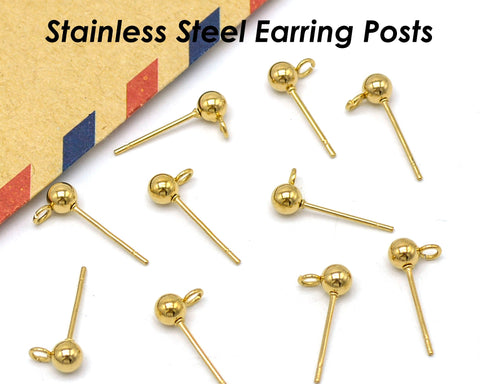 50 x Stainless Steel Post Earrings with Open Loop Vertical Ring, Ball Post Earring Stud Gold Silver, Earring Findings for Jewelry Making