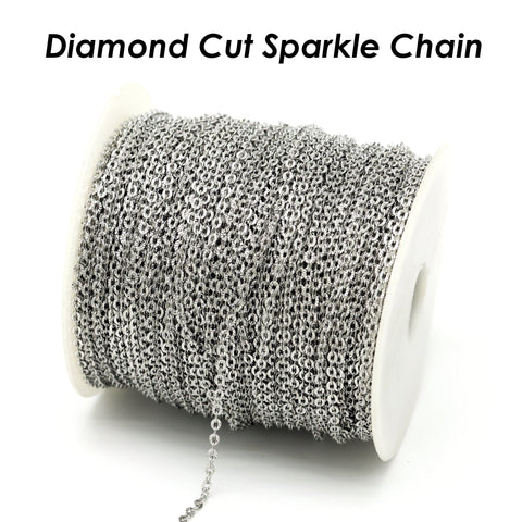 Diamond Cut Sparkle Chain by the Foot Inch Length, Stainless Steel Chain, Cable Chain Bulk Wholesale Silver Gold Chain for Jewelry Making