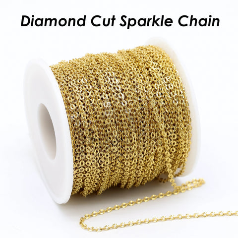 Diamond Cut Sparkle Chain by the Foot Inch Length, Stainless Steel Chain, Cable Chain Bulk Wholesale Silver Gold Chain for Jewelry Making