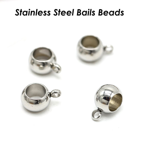20 pcs Stainless Steel Bail Beads Large Hole, Round Spacer Beads with Loop