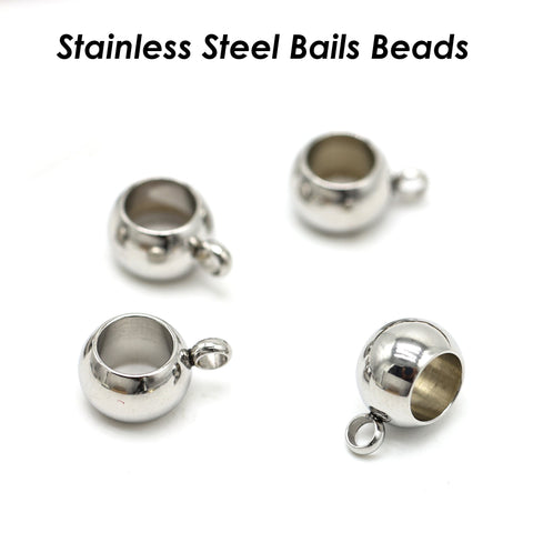 20 x Charm Bail Beads Large Hole, Stainless Steel Beads with Ring, 4mm 5mm 6mm 8mm Spacer Beads with Loop, Silver Gold Hanger Beads