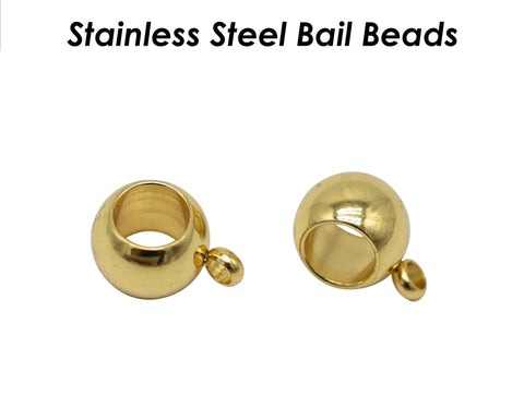 50 x Charm Bail Beads Large Hole, Stainless Steel Hanger Beads Gold Silver, 4mm 5mm 6mm 8mm Spacer Beads with Loop, Link Beads with Ring