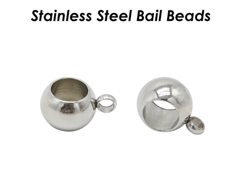 20 x Charm Bail Beads Large Hole, Stainless Steel Beads with Ring, 4mm 5mm 6mm 8mm Spacer Beads with Loop, Silver Gold Hanger Beads