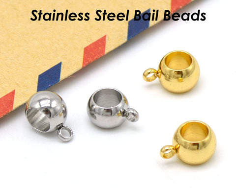 20 x Charm Bail Beads Large Hole, Stainless Steel Beads with Ring, 4mm 5mm 6mm 8mm Spacer Beads with Loop, Silver Gold Hanger Beads