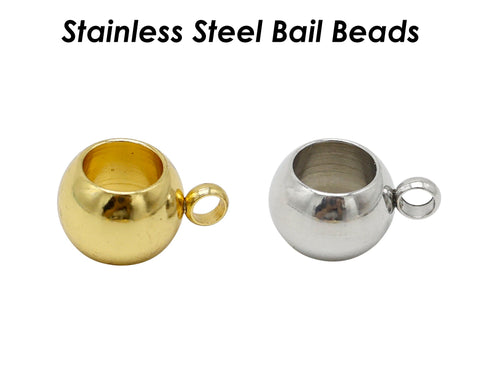 20 x Charm Bail Beads Large Hole, Stainless Steel Beads with Ring, 4mm 5mm 6mm 8mm Spacer Beads with Loop, Silver Gold Hanger Beads