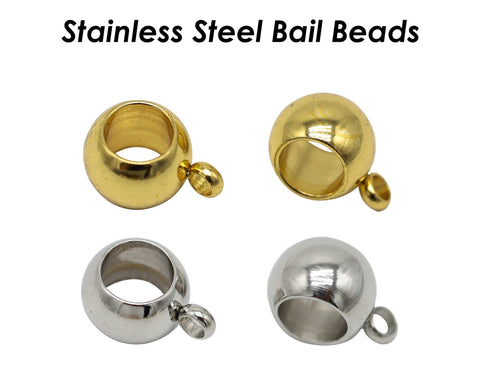 20 x Charm Bail Beads Large Hole, Stainless Steel Beads with Ring, 4mm 5mm 6mm 8mm Spacer Beads with Loop, Silver Gold Hanger Beads