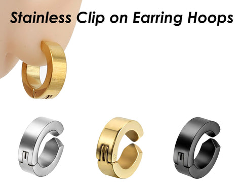 Stainless Steel Earring Hoops for Men Women, Clip On Hoop Earrings, Hinged Hoop Earrings Gold Silver Black, No Piercing Earrings