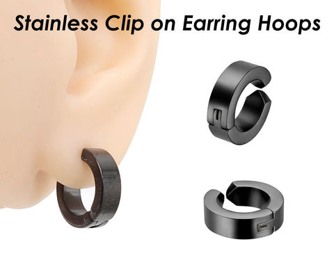 Stainless Steel Earring Hoops for Men Women, Clip On Hoop Earrings, Hinged Hoop Earrings Gold Silver Black, No Piercing Earrings