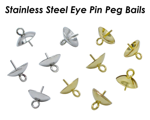 20 x Stainless Steel Eye Pin Bail with Cup 3/4/5/6/8mm, Pearl Peg Drop Cup, Pearl Bail Gold Silver, Peg Bail for Half Drilled Pearls Beads