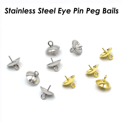 20 x Stainless Steel Eye Pin Bail with Cup 3/4/5/6/8mm, Pearl Peg Drop Cup, Pearl Bail Gold Silver, Peg Bail for Half Drilled Pearls Beads