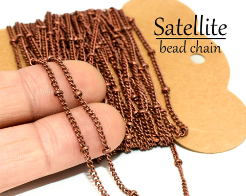 Satellite Chain Bulk Wholesale, 30 Feet Curb Chain with Beads, Silver Gold Bronze Copper Beaded Chain for Necklace or Bracelet Making