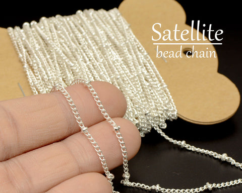 30 Feet Satellite Chain Bulk Wholesale, Bulk Curb Chain with Beads, Silver Gold Bronze Copper Beaded Chain for Jewelry Making