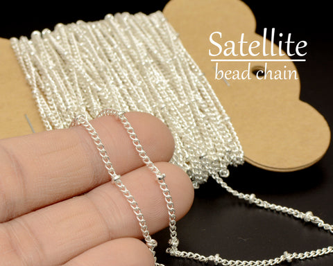 Satellite Chain Bulk Wholesale, 30 Feet Curb Chain with Beads, Silver Gold Bronze Copper Beaded Chain for Necklace or Bracelet Making