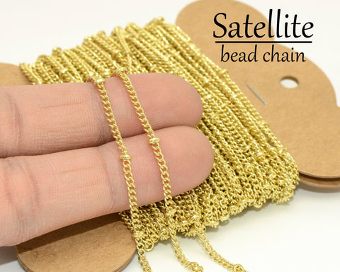 30 Feet Satellite Chain Bulk Wholesale, Bulk Curb Chain with Beads, Silver Gold Bronze Copper Beaded Chain for Jewelry Making