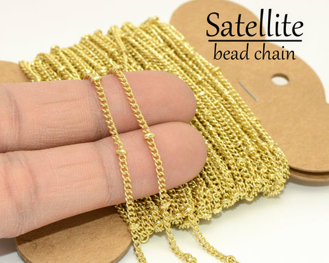 Satellite Chain Bulk Wholesale, 30 Feet Curb Chain with Beads, Silver Gold Bronze Copper Beaded Chain for Necklace or Bracelet Making